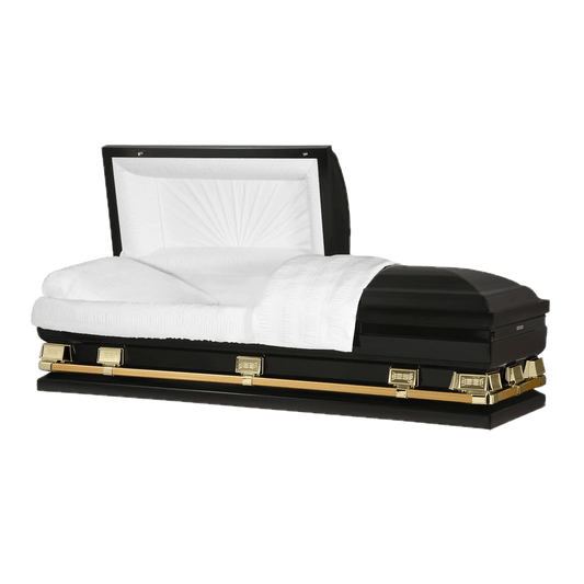 Commander XXL 40 & 44-inch | Black and Gold Steel Oversize Casket with White Interior