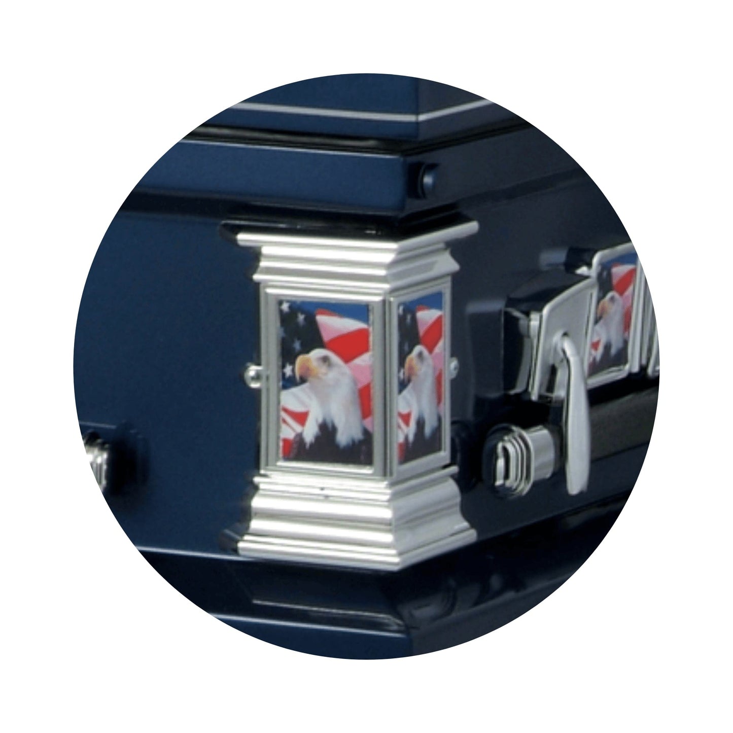 Veteran Select - Patriot | Dark Blue Steel Casket with Dark Blue Interior and Flag at Rest Head Panel