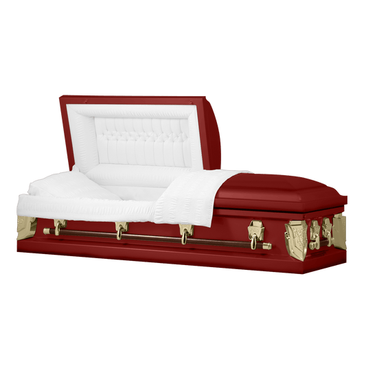 Cambridge Series | Red and Gold Steel Casket with White Velvet Interior