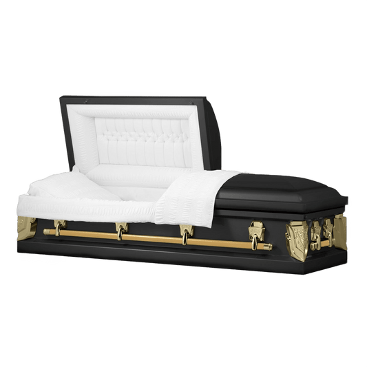 Cambridge Series | Black and Gold Steel Casket with White Velvet Interior