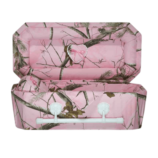 Camouflage Cloth-Covered Wood Pet Casket | Pink Camo