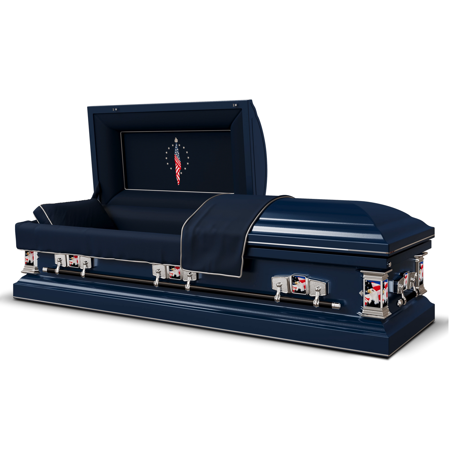 Veteran Select - Patriot | Dark Blue Steel Casket with Dark Blue Interior and Flag at Rest Head Panel