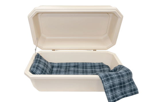 Classic Pet Casket With Interior | Almond & Grey Plaid