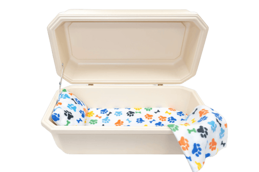 Classic Pet Casket With Interior | Almond & Rainbow Paw Print