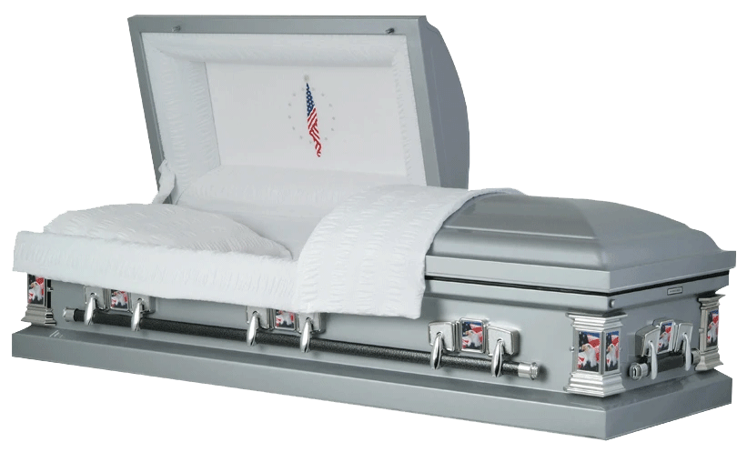 Veteran | Silver Steel Casket with White Interior and Flag at Rest Head Panel - Titan Casket