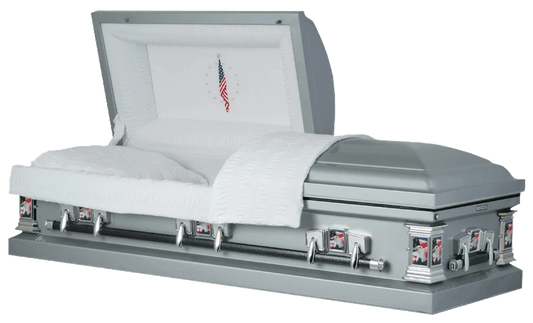 Veteran | Silver Steel Casket with White Interior and Flag at Rest Head Panel - Titan Casket