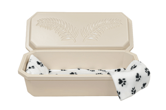 Standard Pet Casket | Almond with Black Paw Print