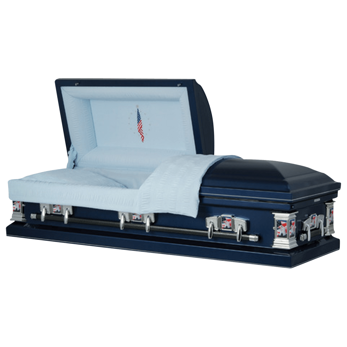 Veteran | Dark Blue Steel Casket with Light Blue Interior and Flag at Rest Head Panel - Titan Casket