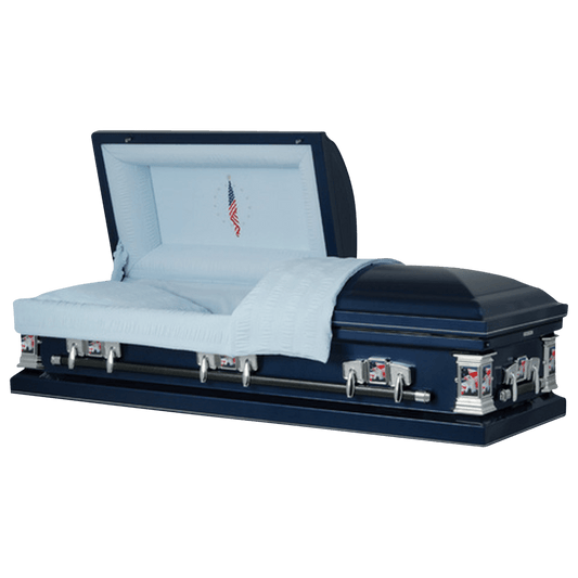 Veteran | Dark Blue Steel Casket with Light Blue Interior and Flag at Rest Head Panel - Titan Casket