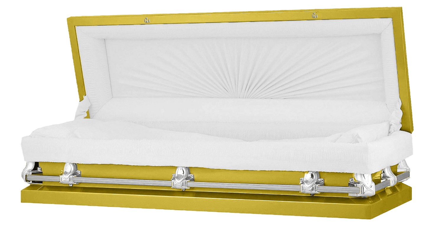 Full Couch Orion Series | Yellow & Silver Steel Casket with White Interior