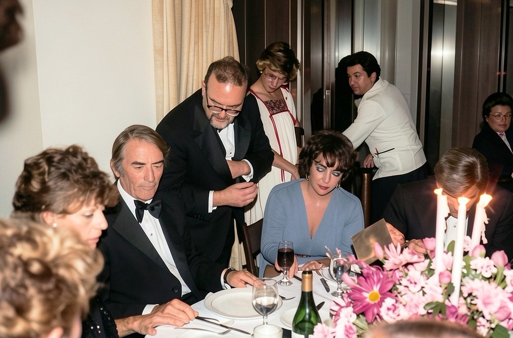 Elizabeth Taylor with Gregory Peck at the party following the Filmex tribute to Taylor, Los Angeles, November 1981