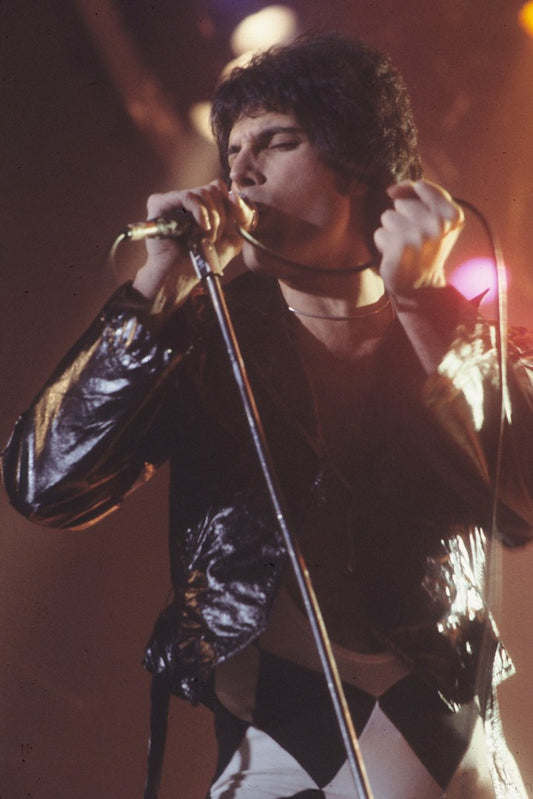 Freddie Mercury performing on stage with Queen in New Haven, Connecticut