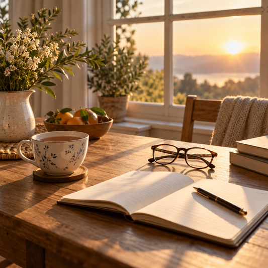 Planning ahead for a prepaid cremation: a sunlit table with tea, reading glasses and a notebook
