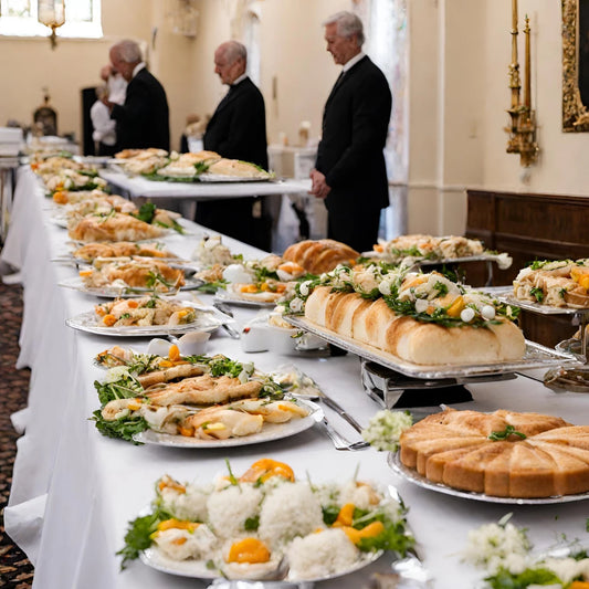 People standing by the food at funeral repast