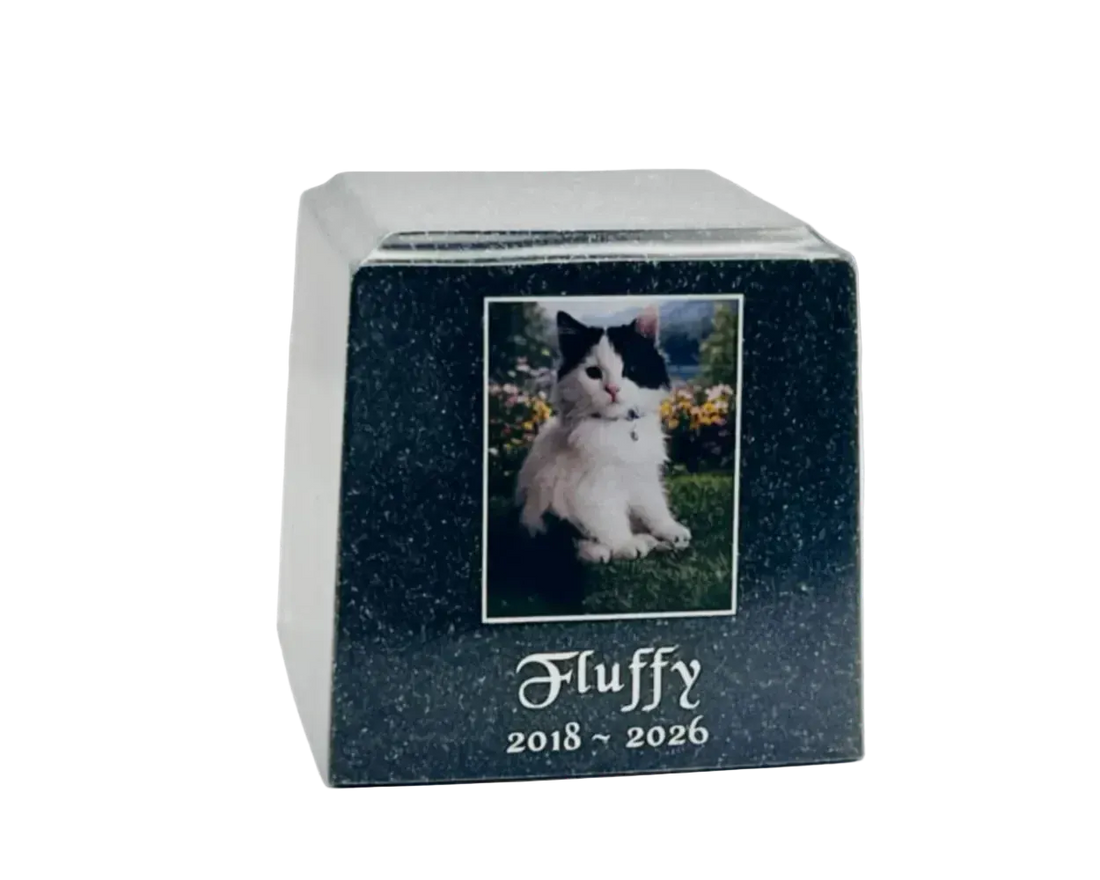 Titan Casket charcoal cultured marble pet cremation urn personalized with a cat's photo, name and dates