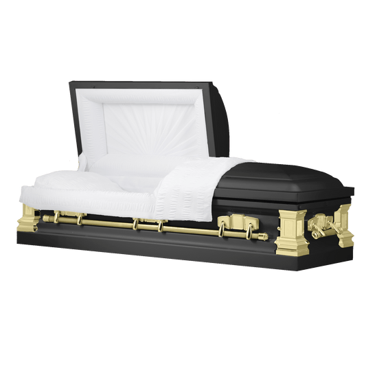 Satin Series | Black and Gold Steel Casket with White Interior