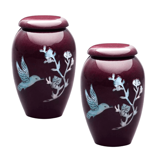 Pair of Pet Keepsake Urns - Burgundy Hummingbird | Designer Keepsake Urns