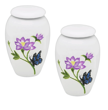 Pair of Keepsake Urns - Butterfly Landing | Hand Painted Keepsake Urns