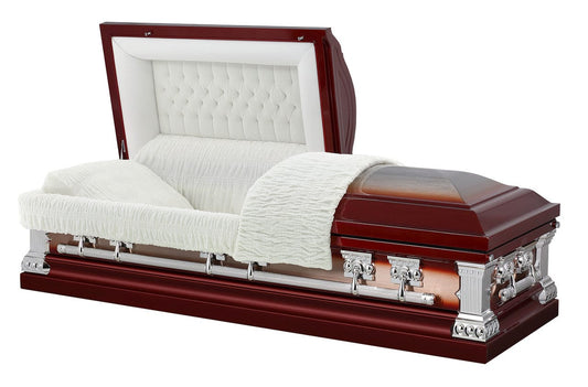 Bradford Series | Red & Silver Brushed Steel Casket with White Velvet Interior