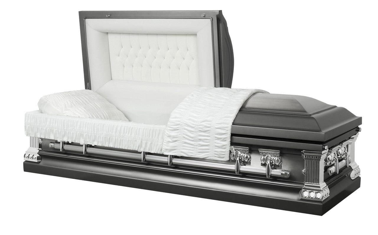 Meridian Stainless Series | Pewter & Silver Brushed Stainless Steel Casket with White Velvet Interior