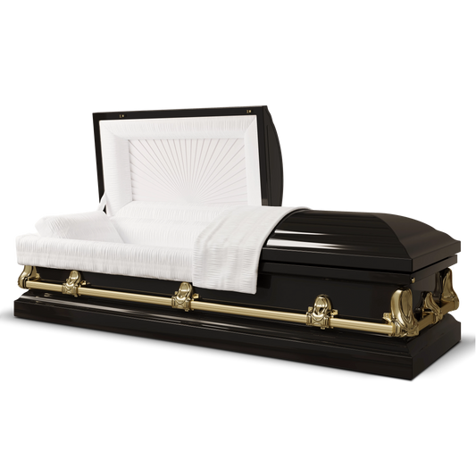 Orion Series | Black & Gold Steel Casket with White Interior