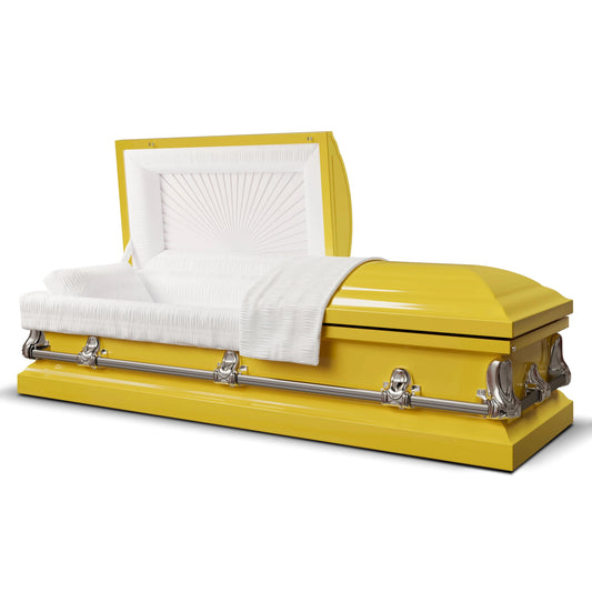 Orion Series | Bright Yellow Steel Casket with White Interior
