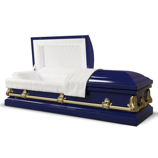 Orion Series | Dark Blue & Gold Steel Casket with White Interior
