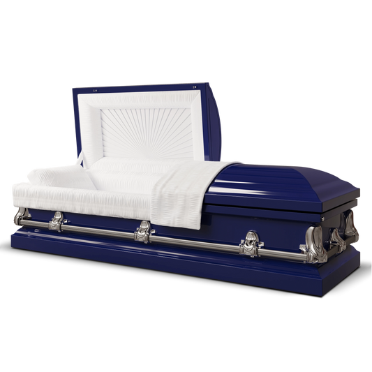 Orion Series | Dark Blue & Gold Steel Casket with White Interior