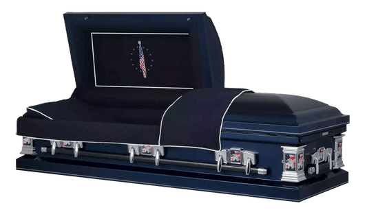 Veteran Select - Patriot | Dark Blue Steel Casket with Dark Blue Interior and Flag at Rest Head Panel