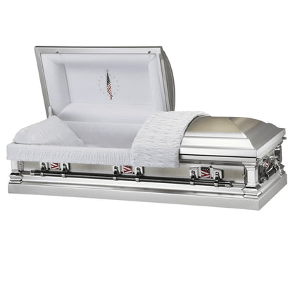 Valor (Stainless Steel) | Silver Steel Casket with White Interior and Flag at Rest Head Panel