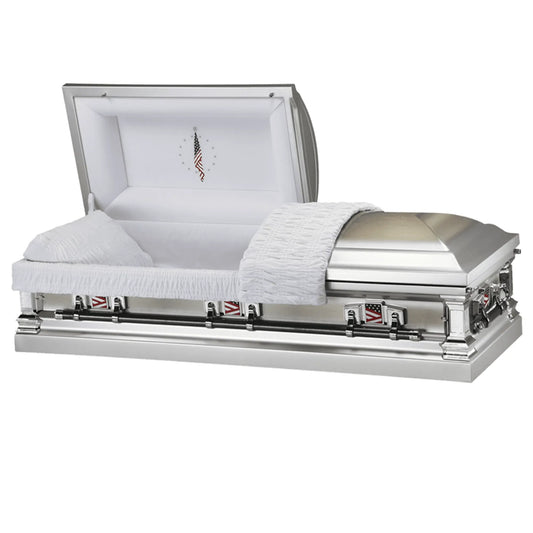 Valor (Stainless Steel) | Silver Steel Casket with White Interior and Flag at Rest Head Panel