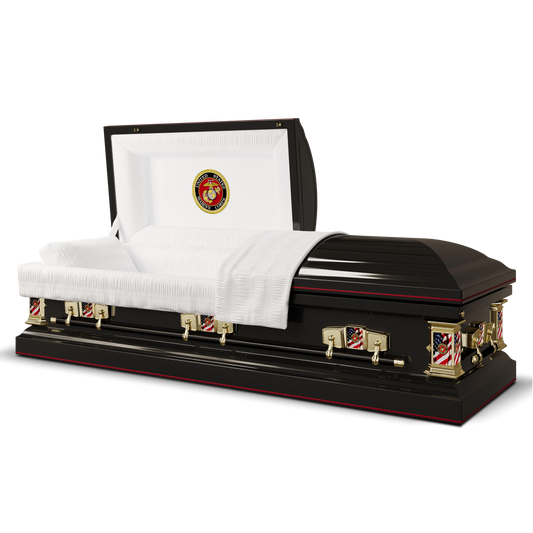Veteran Premier | Marines Black Steel Casket with White Interior