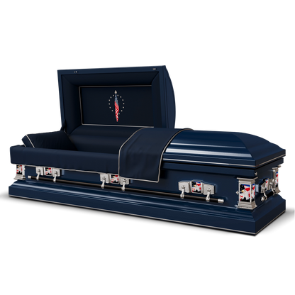 Veteran Select - Patriot | Dark Blue Steel Casket with Dark Blue Interior and Flag at Rest Head Panel