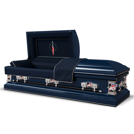 Veteran Select - Patriot | Dark Blue Steel Casket with Dark Blue Interior and Flag at Rest Head Panel