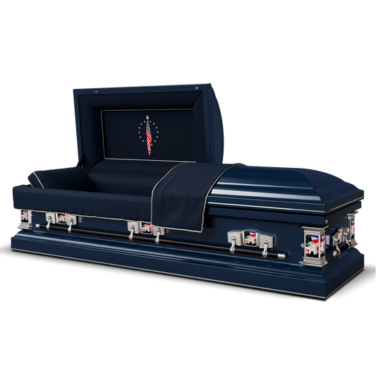 Veteran Select - Patriot | Dark Blue Steel Casket with Dark Blue Interior and Flag at Rest Head Panel