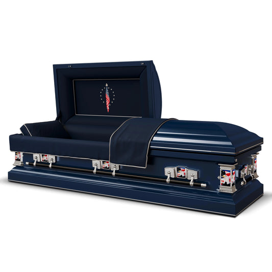 Veteran Select - Patriot | Dark Blue Steel Casket with Dark Blue Interior and Flag at Rest Head Panel