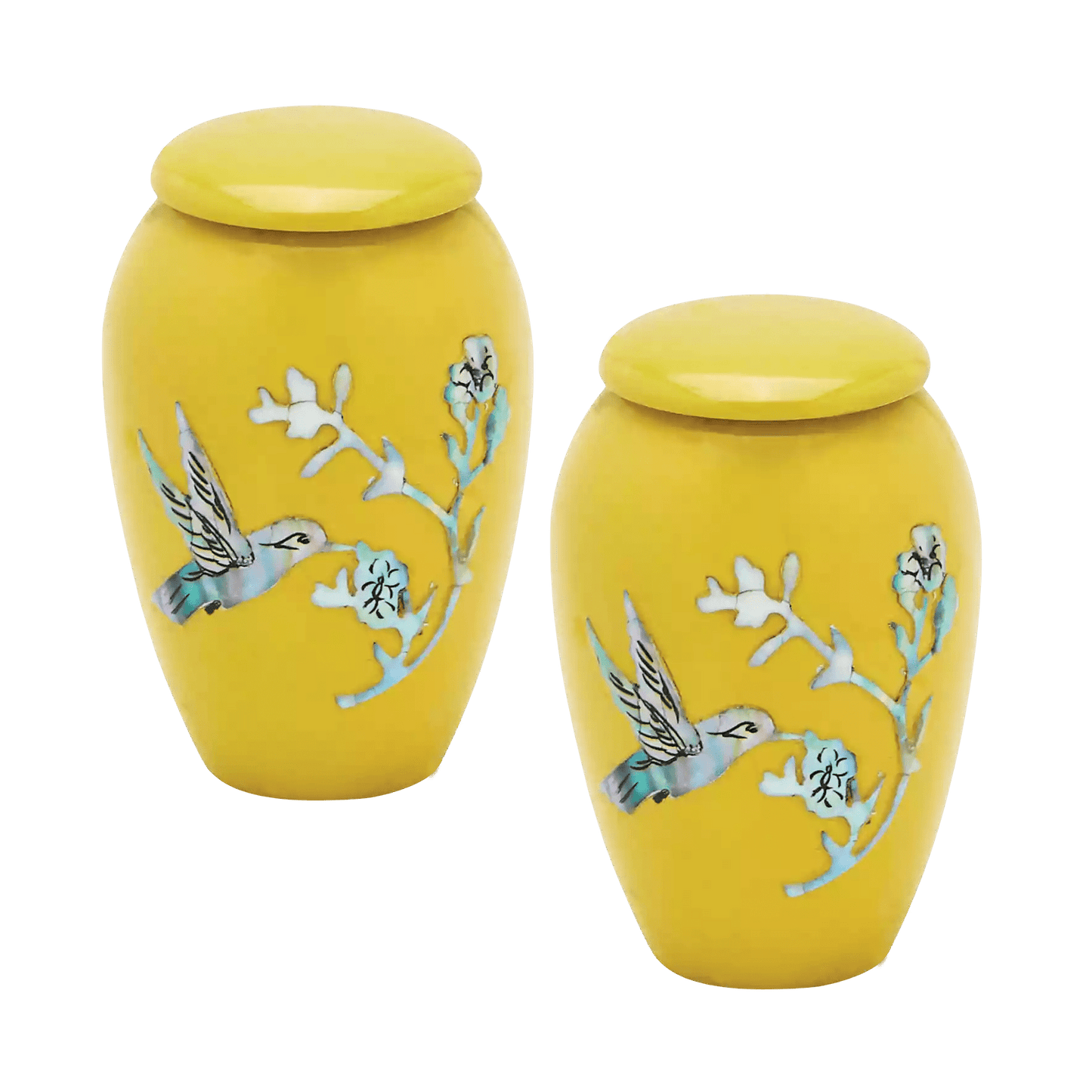 Pair of Keepsake Urns - Yellow Hummingbird | Designer Keepsake Urns
