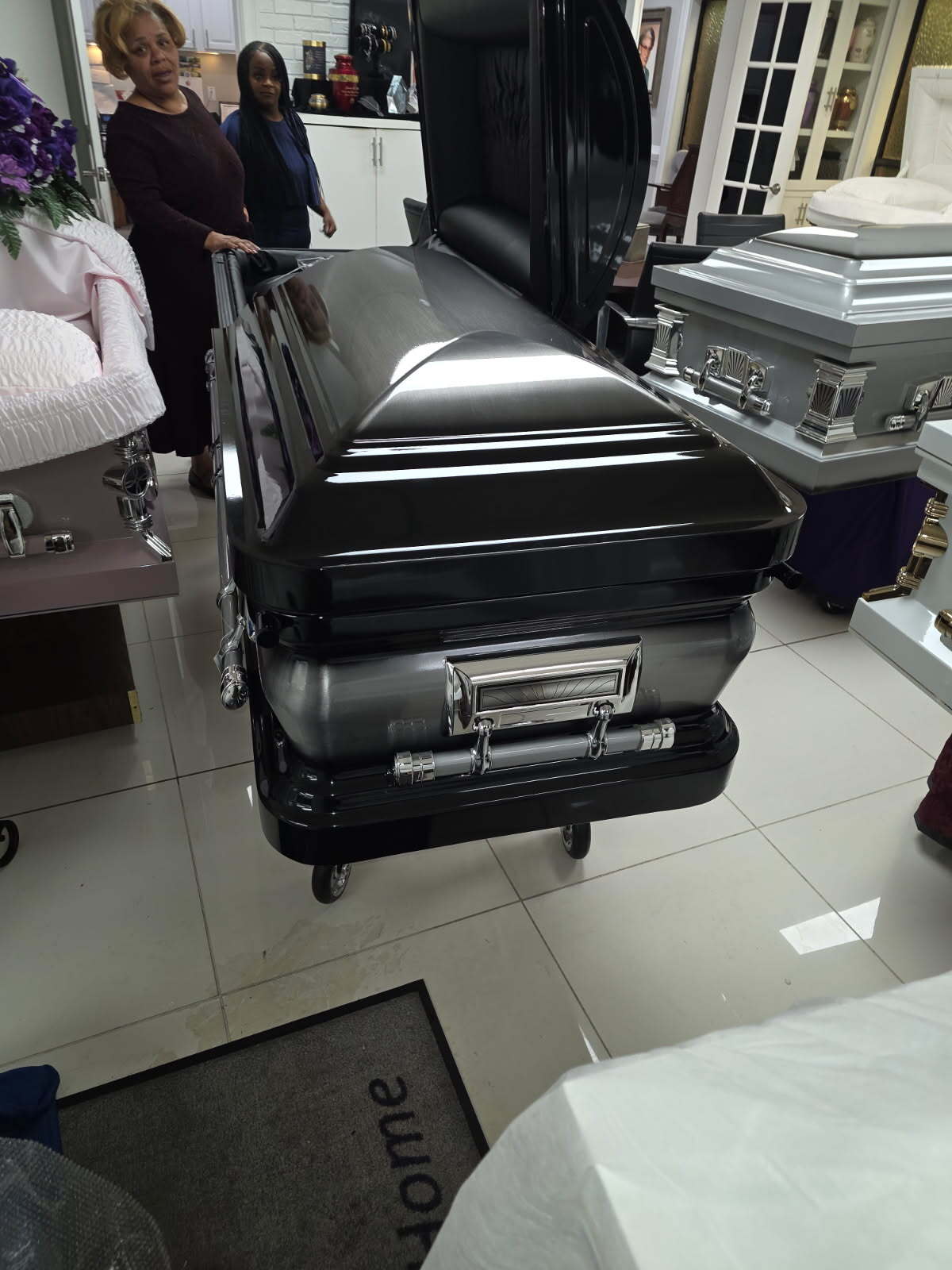 Titan Adams Series- Black Steel Casket With Urn Shaped Corners