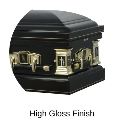 High Gloss Finish Black and Cross Black steel religious casket