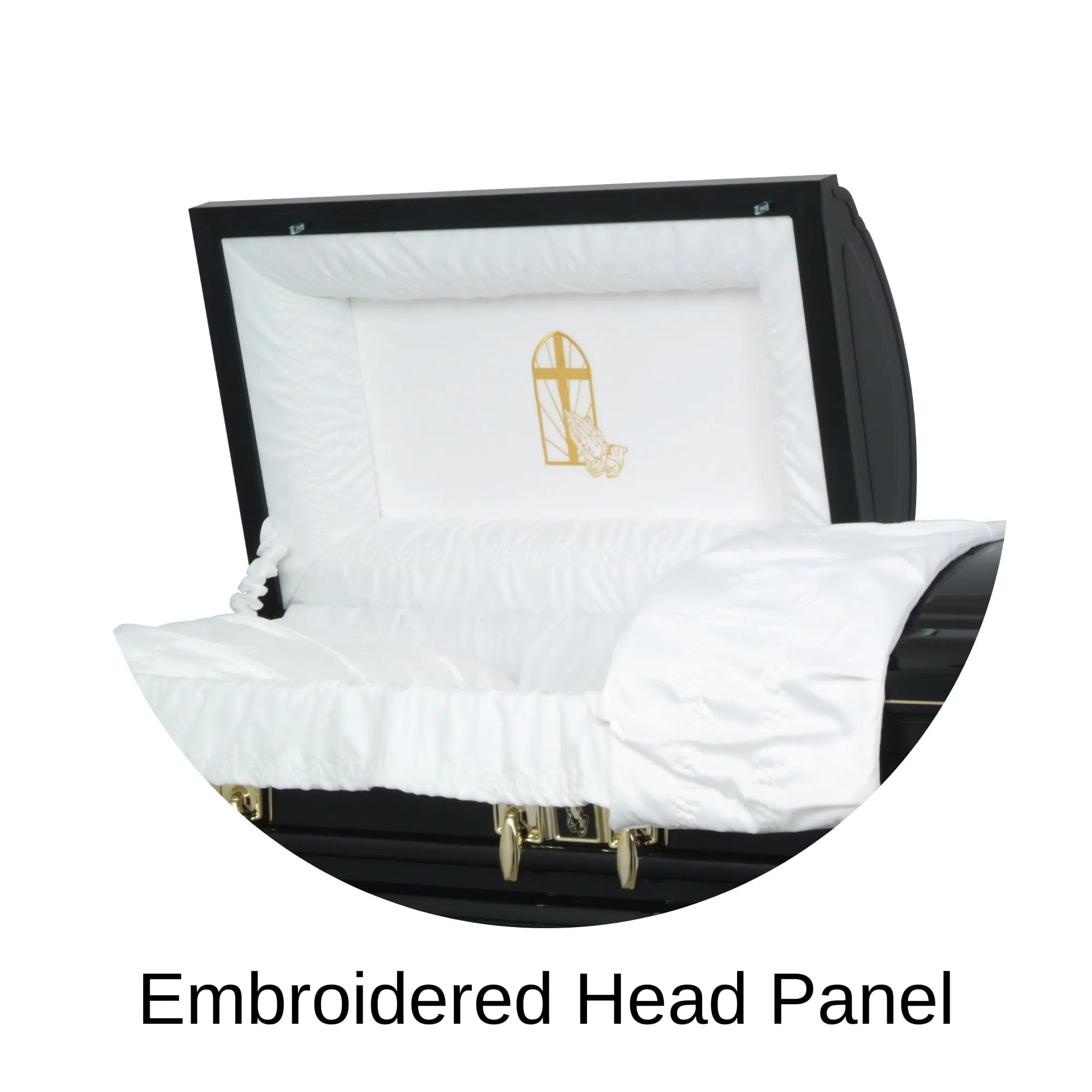 Load image into Gallery viewer, Embroidered Head panel Black and Gold Cross Black steel religious casket
