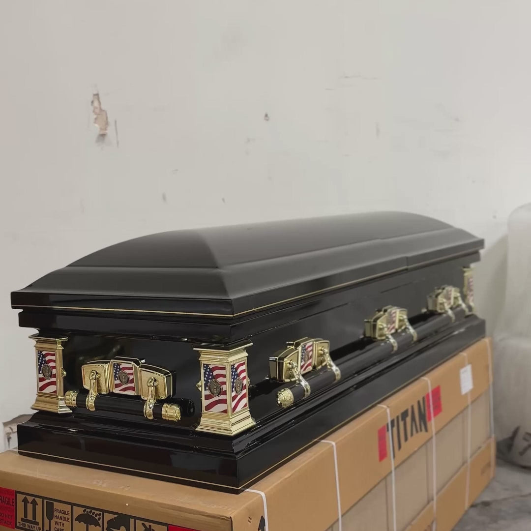 Load and play video in Gallery viewer, Veteran Select | Army Black Steel Casket with Black Interior

