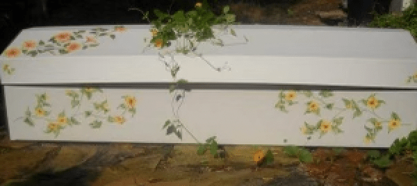 Cardboard Coffin With Leaves and Flower Design