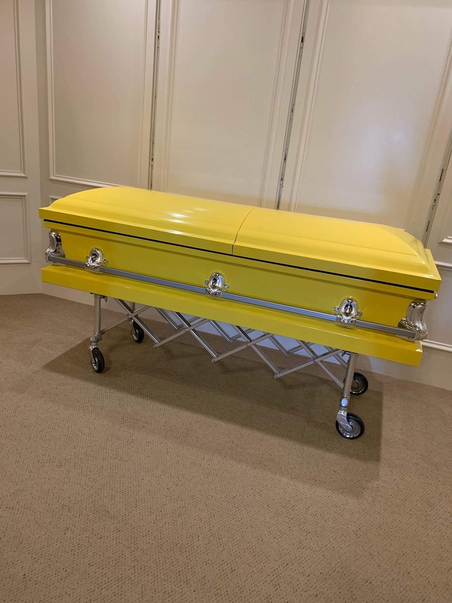 Load image into Gallery viewer, Orion Series | Bright Yellow Steel Casket with White Interior - Titan Casket
