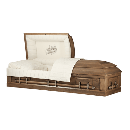 Rustic Oak | Solid Oak Wood Casket, Walnut Stain with a Textured Barn Board Finish, and a White Duck Cloth Interior - Titan Casket