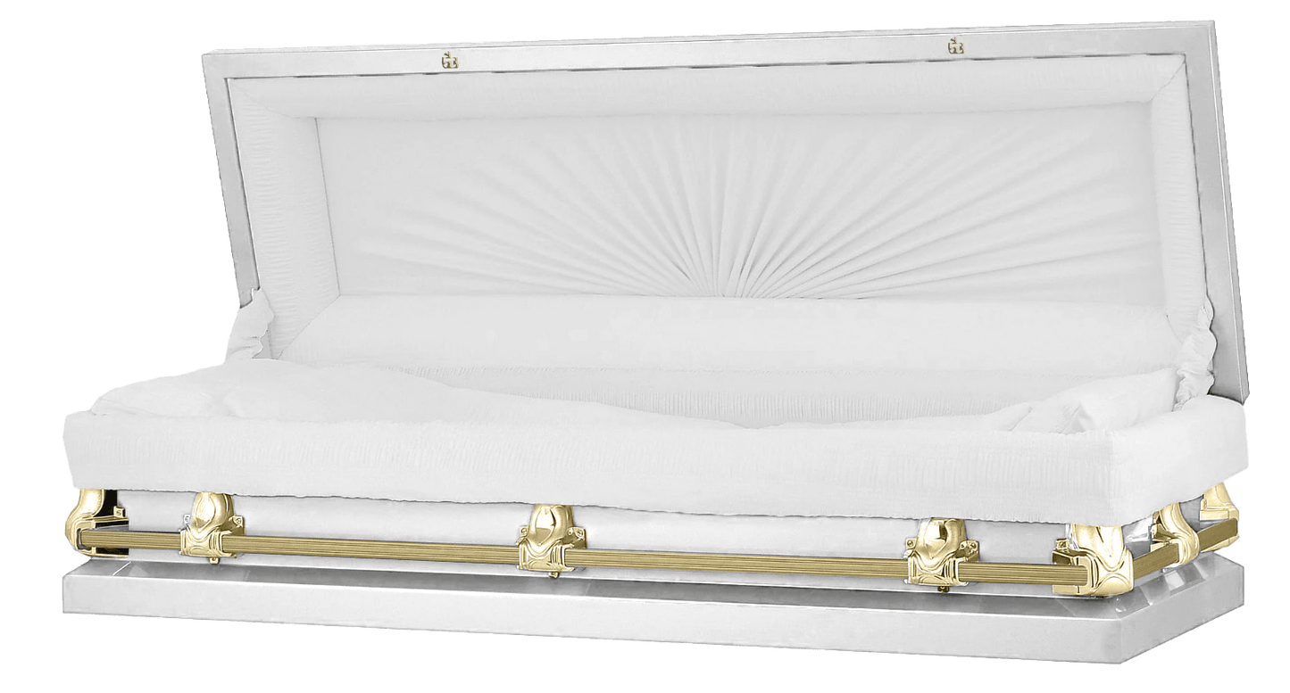 Full Couch Orion Series | White & Gold Steel Casket with White Interior