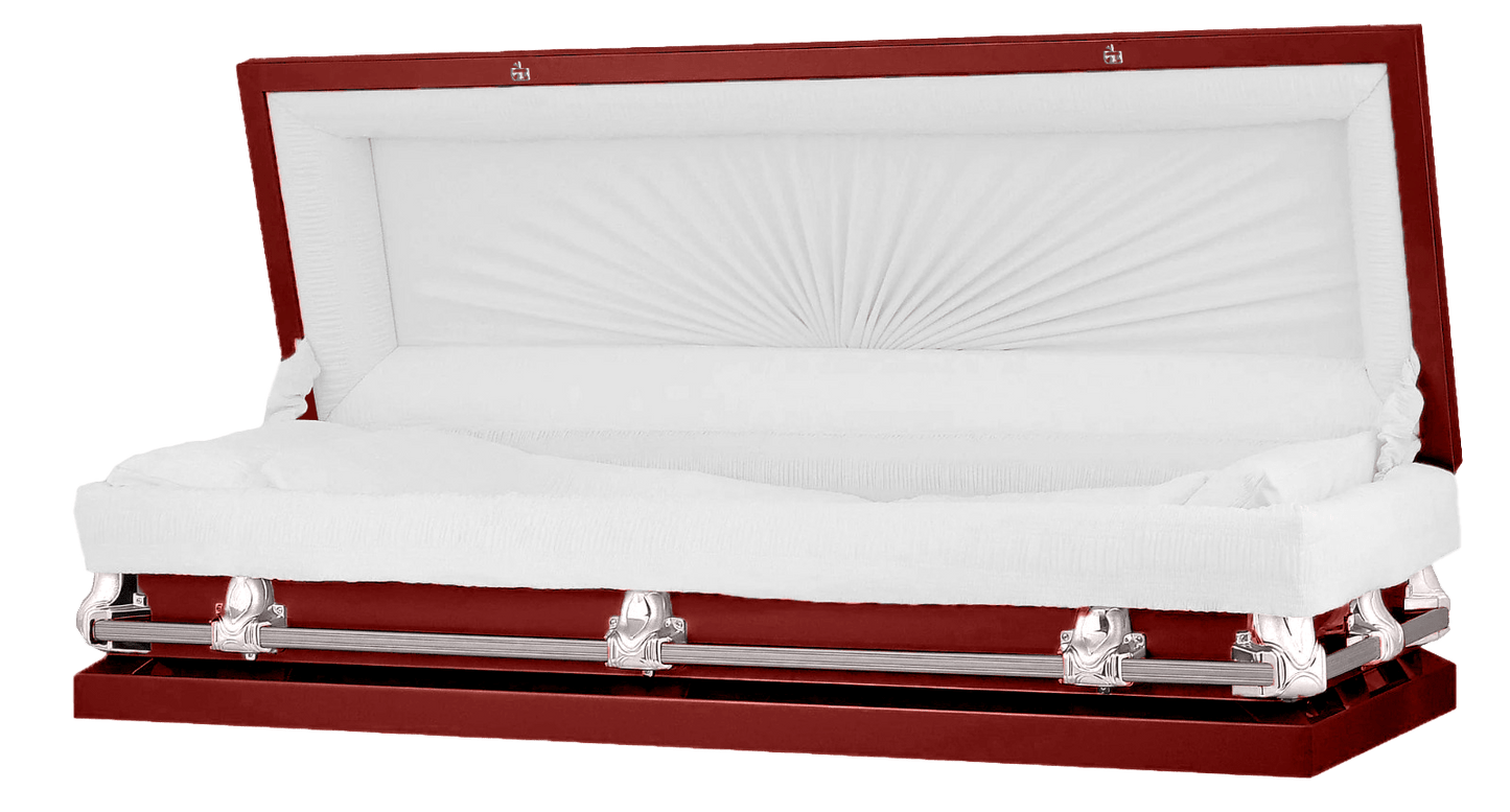 Full Couch Orion Series | Red & Silver Steel Casket with White Interior