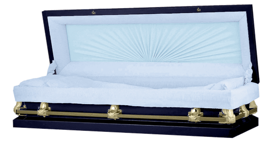 Full Couch Orion Series | Dark Blue & Gold Steel Casket with Light Blue Interior