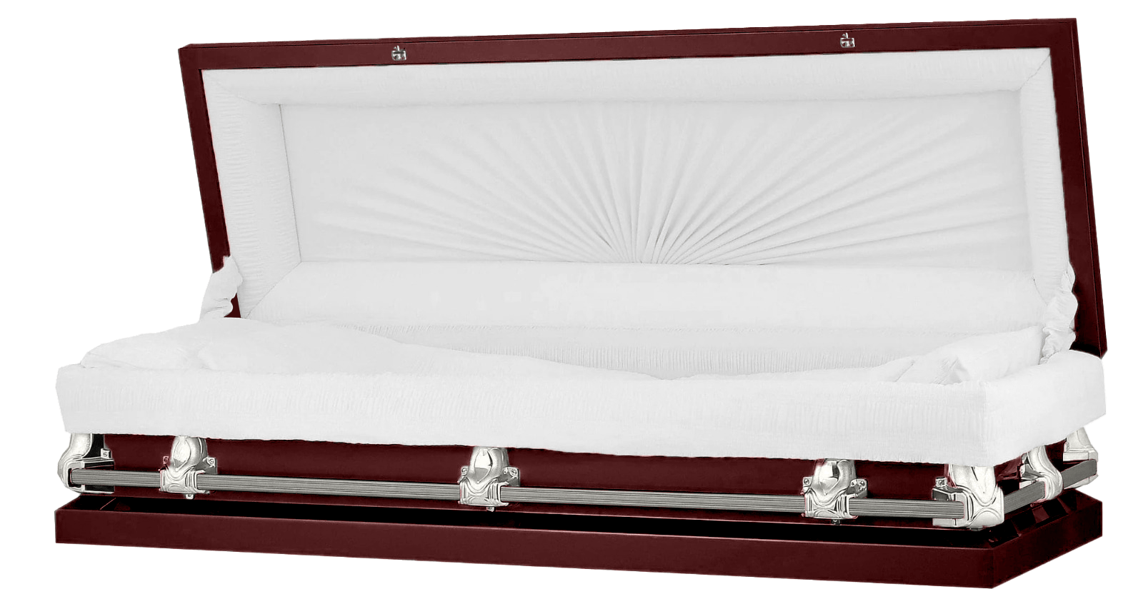 Full Couch Orion Series | Maroon & Silver Steel Casket with White Interior