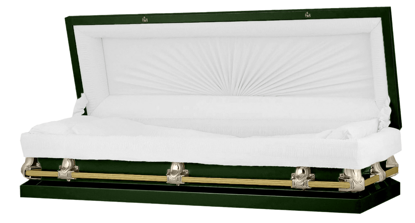 Full Couch Orion Series | Green & Gold Steel Casket with White Interior