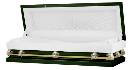 Full Couch Orion Series | Green & Gold Steel Casket with White Interior